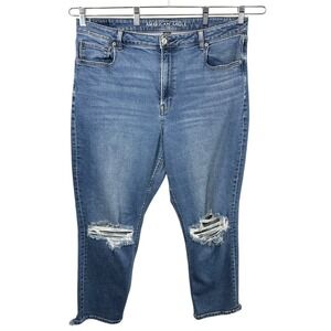 American‎ Eagle Plus Size 18 Jeans Mom Dark Raw Distressed Blue High Rise 327